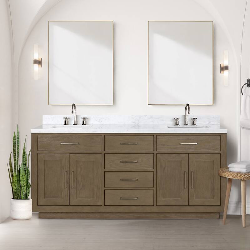 Lexora Abbey Bath Vanity, Carrara Marble Top, Faucet Set, and Mirror