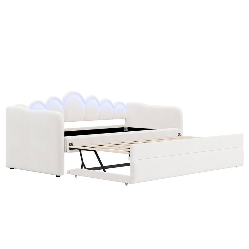 Twin XL Velvet Upholstered Daybed with Pull-Out Trundle and Wave Backrest LED Light