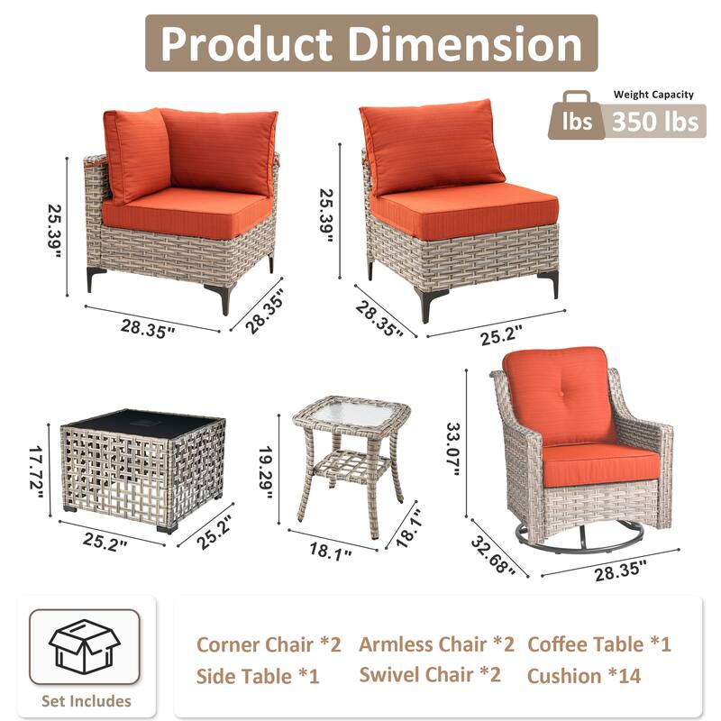OVIOS 8 Pieces Outdoor Wicker Swivel Chair Set With Solar-Powered Coffee Table