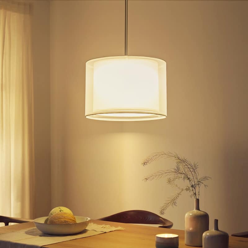 Modern 1-Light Double Fabric LED Pendant Light, 18W Warm 3000K, Satin Nickel/White for Dining Room - 1 Light