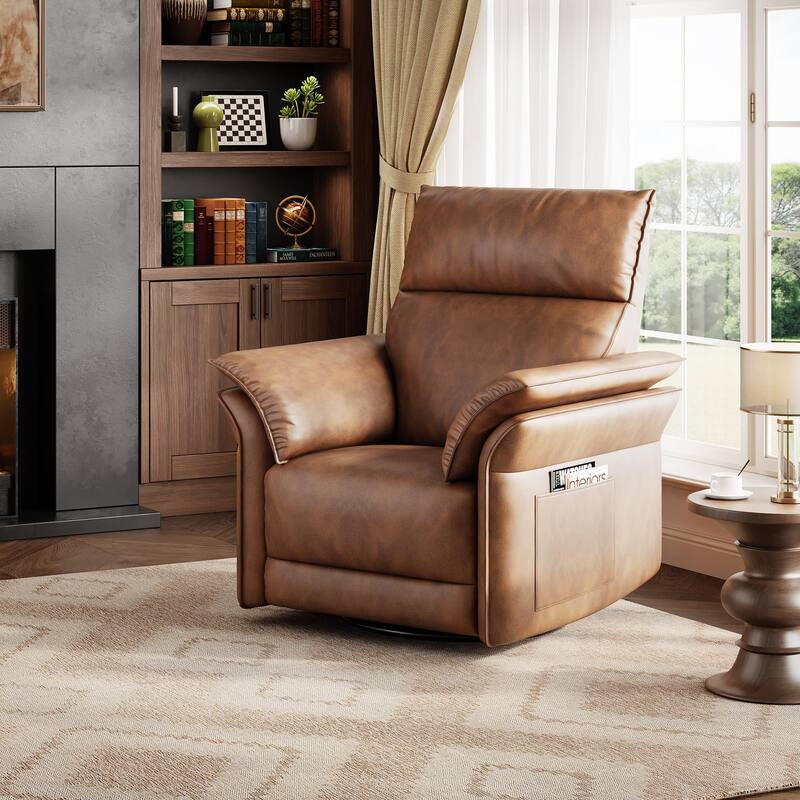 Power Recliner Chair Swivel Glider, Upholstered Faux Leather Nursery Reclining Sofa Chair with Charging Port