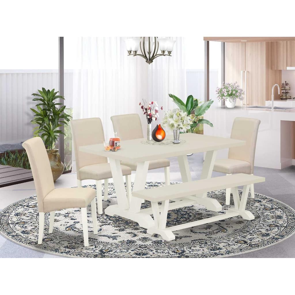 HomeStock 6-Pc Rectangle Natural Oak Finish Solid Wood Top Dining Table with 1-Bench, 4-Chairs