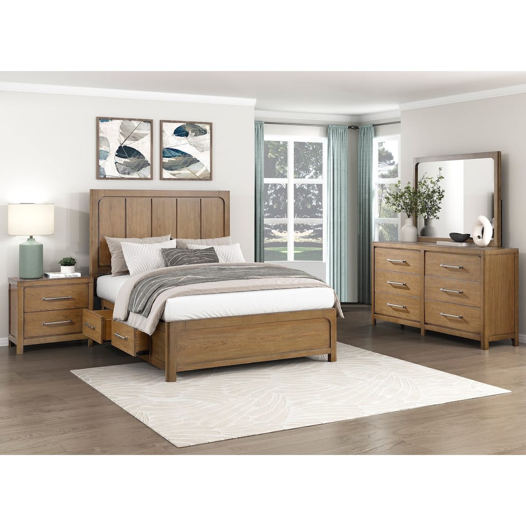 Modern Bedroom Furniture Sets Storage Bed Nightstand Dresser Mirror Light Brown Finish