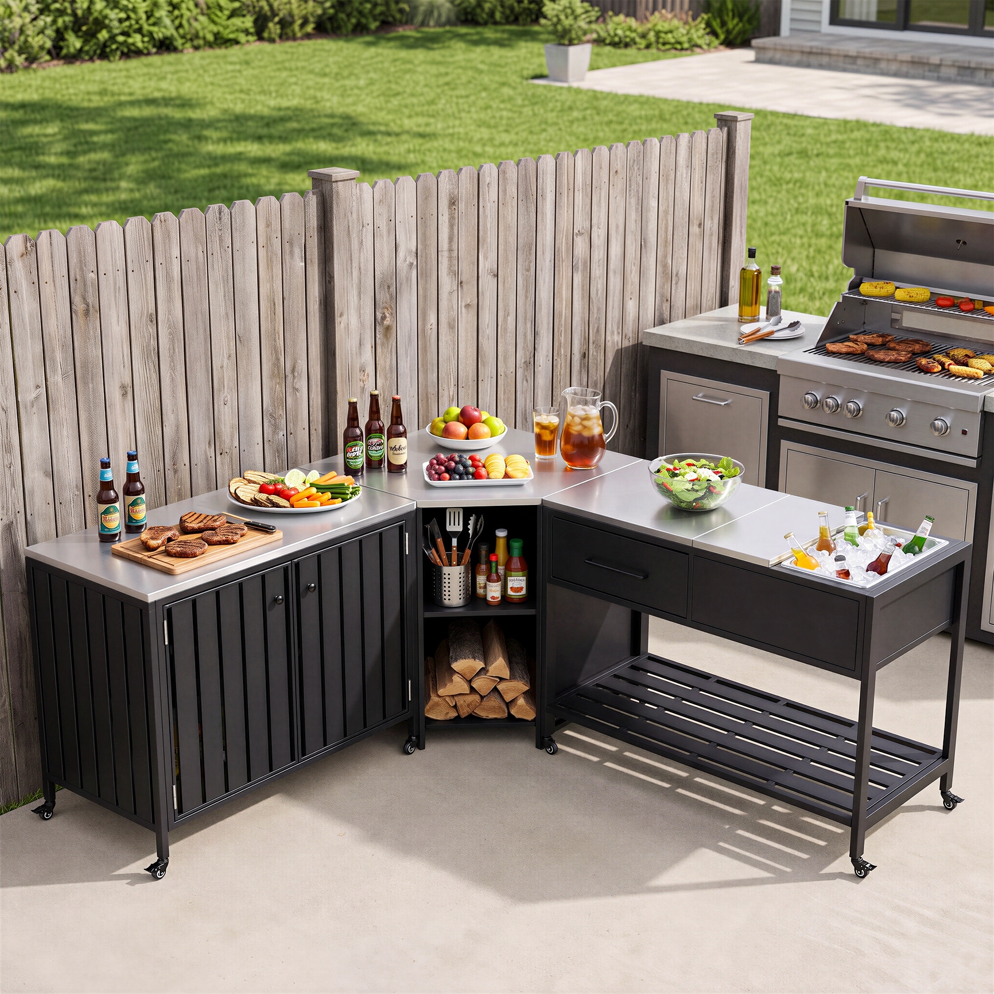 Outdoor Kitchen Island Cart with Lockable Wheels & Storage