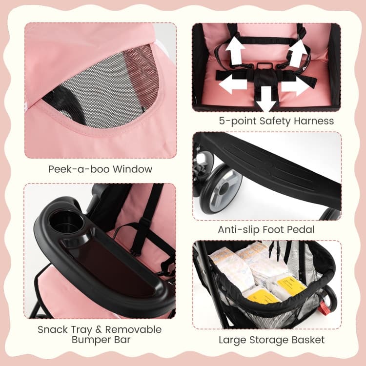 Steel Kids Stroller with Recline, Canopy and All-Terrain Wheels - 35"(L) x 18"(W) x 39"(H)