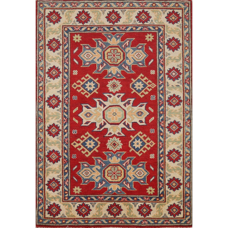 Red Kazak Accent Rug Hand-Knotted Geometric Wool Carpet - 2'10"x 4'2"