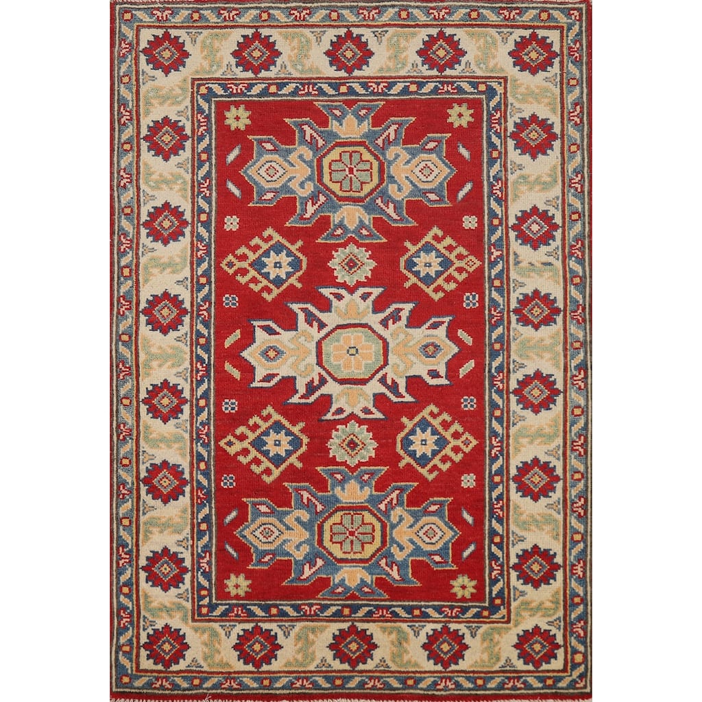 Red Kazak Accent Rug Hand-Knotted Geometric Wool Carpet - 2'10"x 4'2"