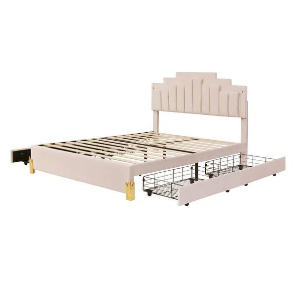 slide 2 of 41, Queen Velvet Platform Bed with RGB Lights & 4 Drawers - Modern Design Beige