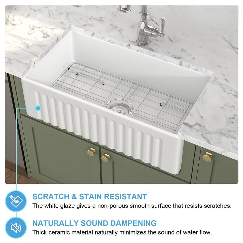 Kichae 33 Inch Ceramic Sink Undermount Farmhouse Apron Front White Kitchen Sink - 33 in.W x 18 in.D x 10 in.H