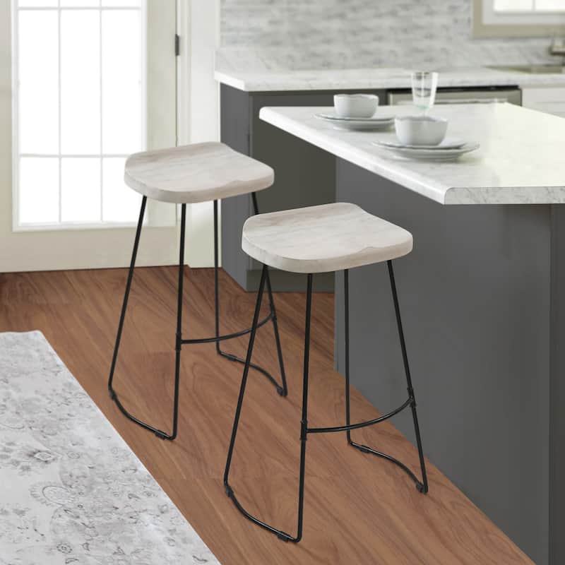 Tiva 30 Inch Handcrafted Backless Barstool, Whitewashed Mango Wood Saddle Seat, Black Metal Base