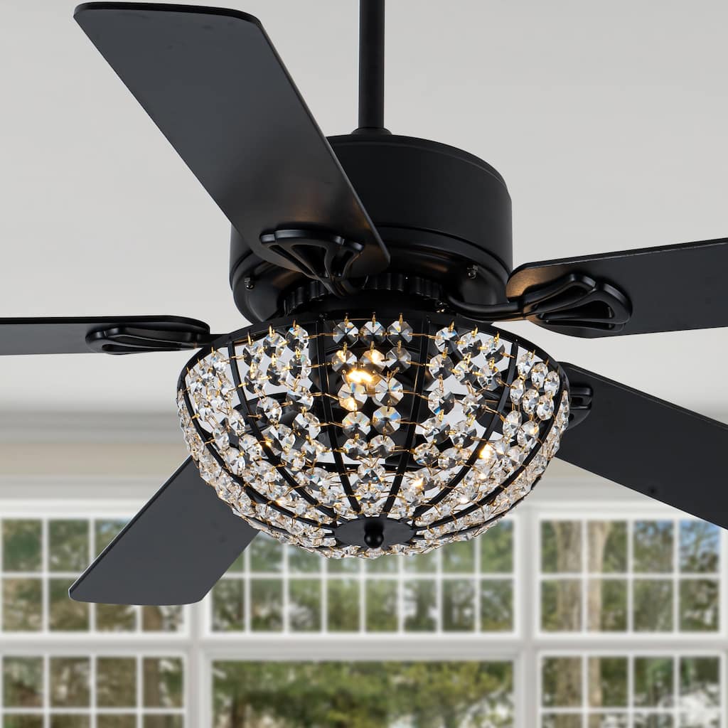 Cusp Barn 52 Inch Modern Crystal Black Ceiling Fan with Light, Noiseless DC Motor 6 Speeds Caged Ceiling Fan for Living Room