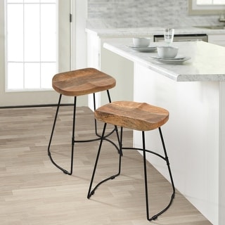 Tiva 24 Inch Handcrafted Backless Counter Height Stool, Brown Mango Wood Saddle Seat, Black Metal Base
