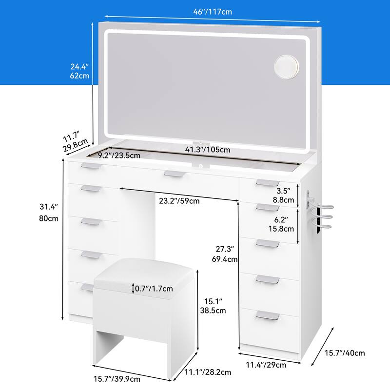 Makeup Table 11 Drawers Vanity Desk LED Lighted Mirror Glass Tabletop Bedroom - 46"L X 15.7"W X 55.9"H