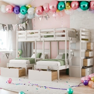 Modern Full Over Twin&Twin Triple Bunk Bed with Drawers and Guardrails,Solid Construction for Kids