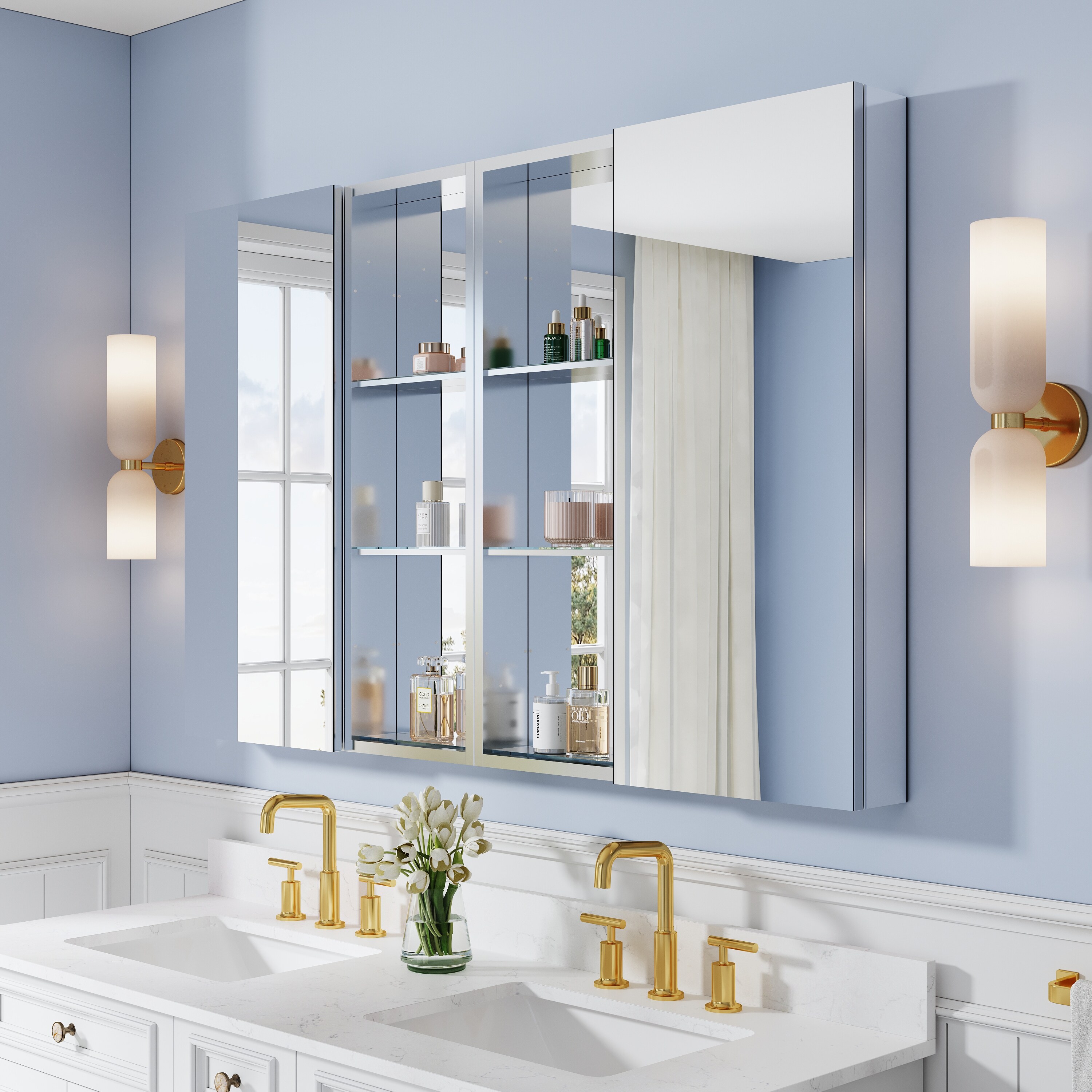 48''/56''/64''/72''W X 36" H Recessed or Surface Wall Mount Aluminum Bathroom Mirror Medicine Cabinet And Open Shelves Combo