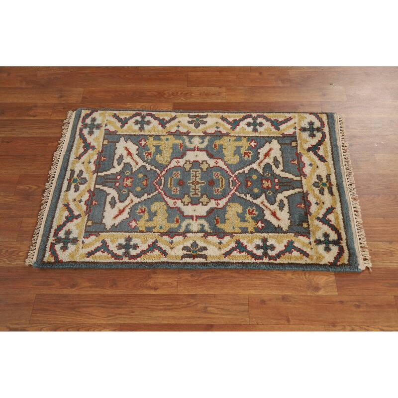 Blue Geometric Oushak Oriental Foyer Rug Handmade Wool Carpet - 2'0"x 3'0"