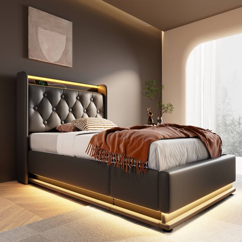 Twin Size Platform Bed Underbed Storage Bed with Wingback Tufted Headboard, USB and 360 Surround LED Strip, PU Upholstered