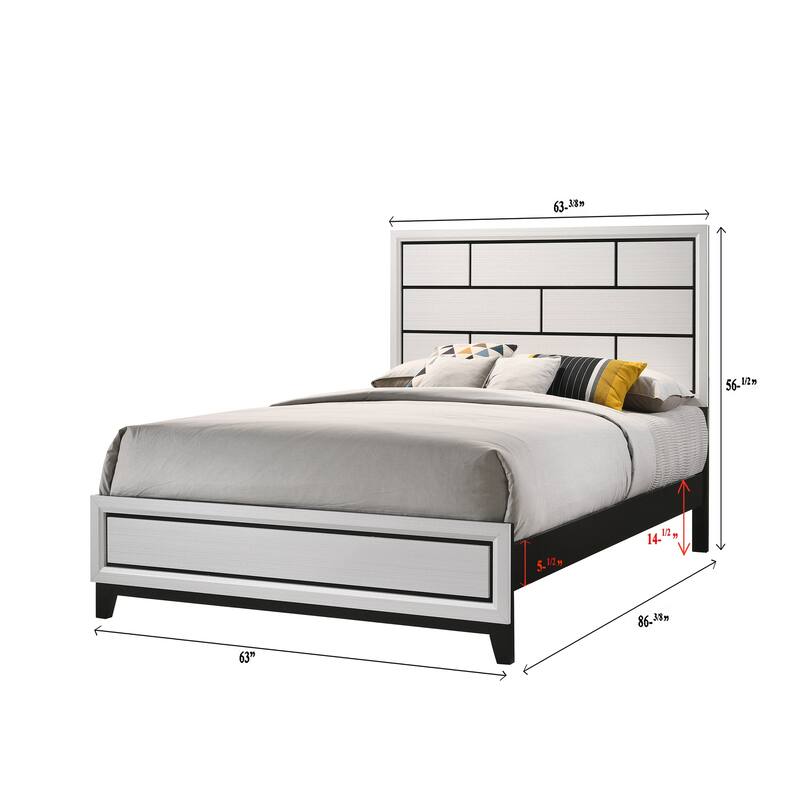 Queen Size Wood Contemporary Platform Bed with Geometric Headboard and Low-Profile Design