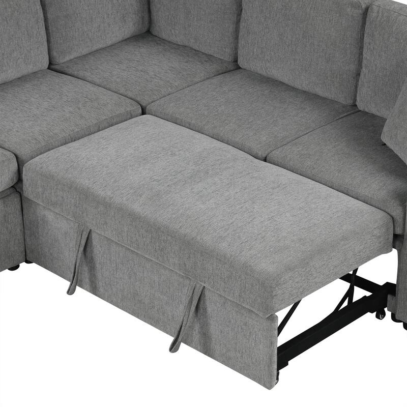 107.1" Chenille U-Shaped Sectional Sofa Bed with USB Ports and Cup Holders - Convertible Pull-Out Design