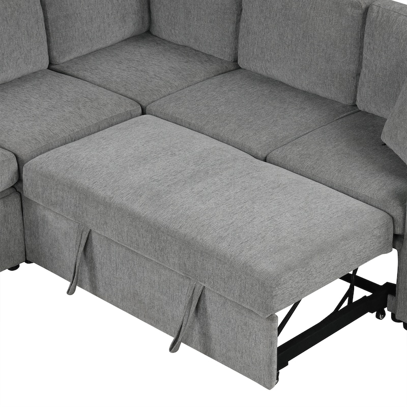 109.1" Chenille Modular Sectional Sofa Bed with Storage Ottoman and USB Ports - L/U-Shaped Convertible Design