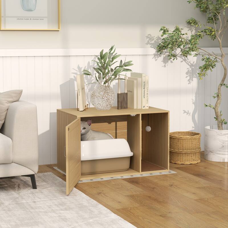 PawHut Cat Litter Box Enclosure with Rattan Door, Hidden Litter Box Furniture Hidden with Scratching Mat, Oak