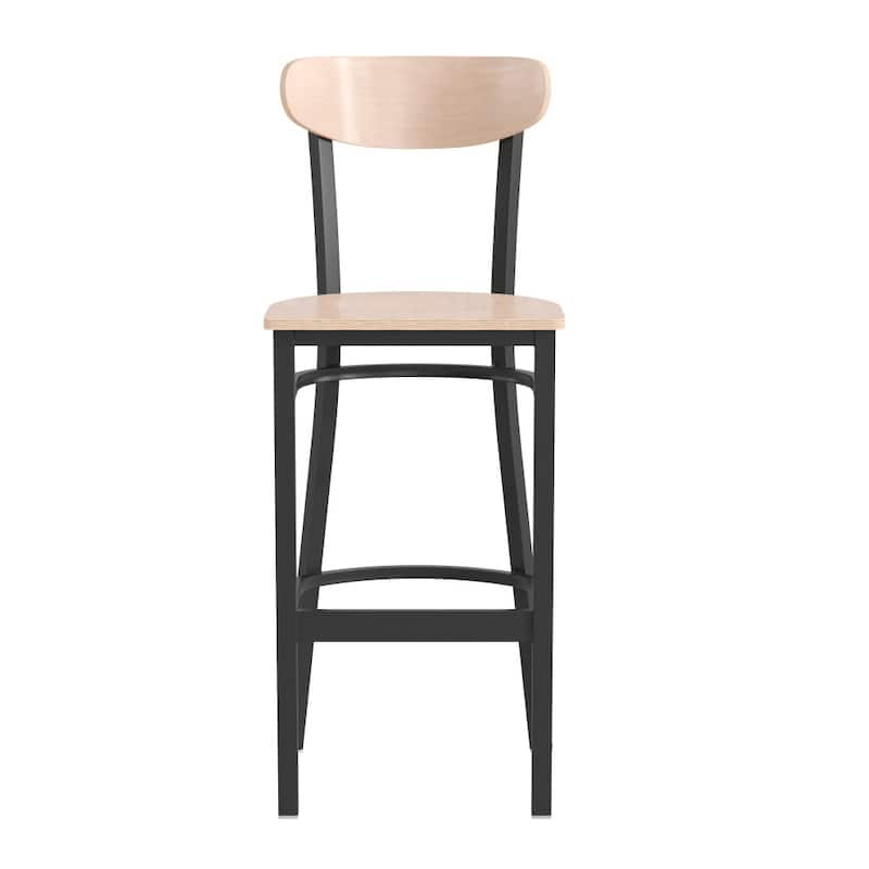 Commercial Metal Barstool with Wood Seat and Boomerang Back