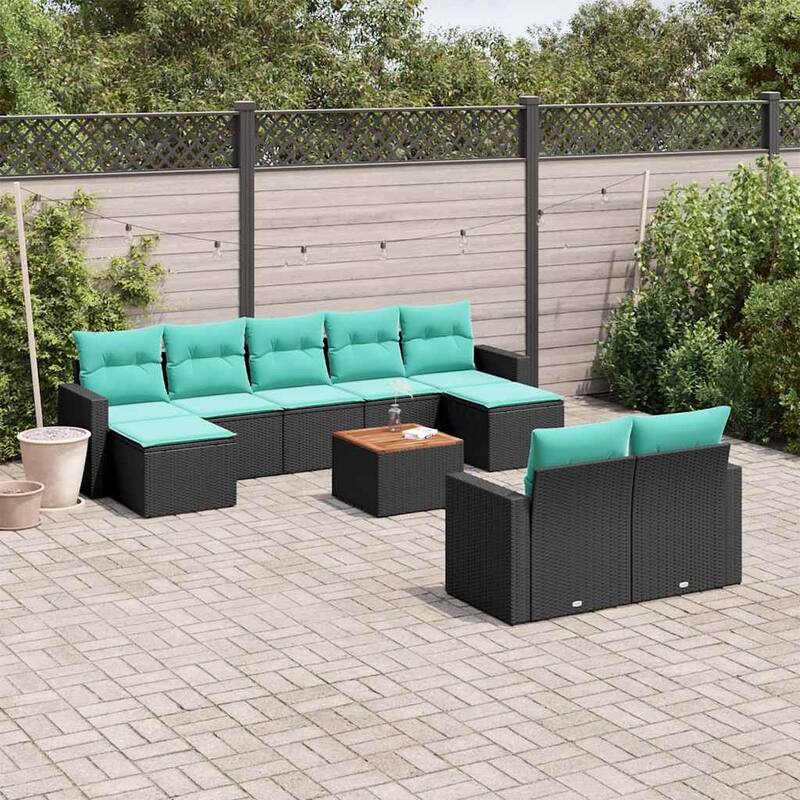 vidaXL 10 Piece Patio Sofa Set with Cushions Black Poly Rattan - 21.7 x 24.4 x 27.2