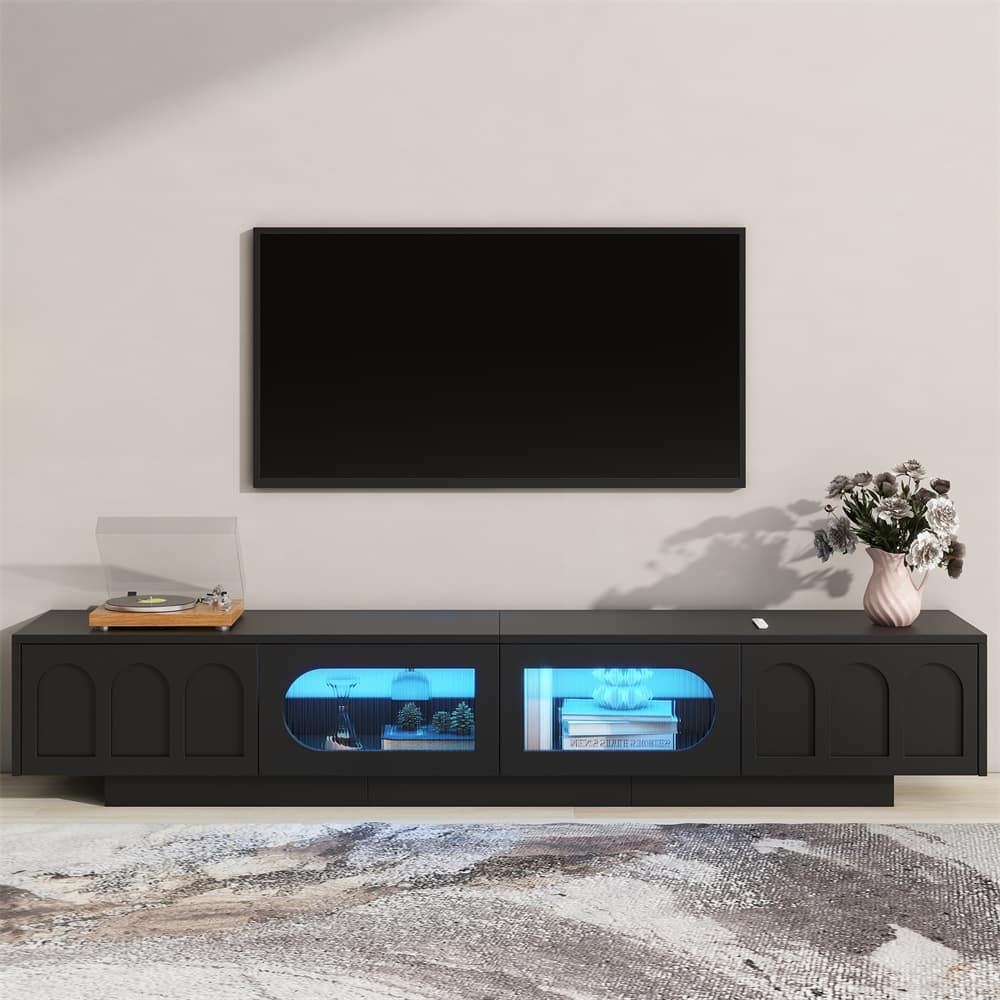 TV Stand with Fluted tempered Glass Doors,Functional Media Console