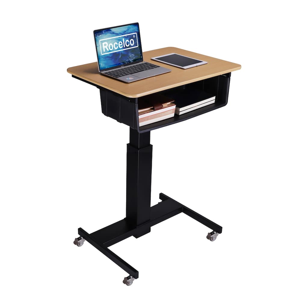 Rocelco 28 in. W Beige Height Adjustable Mobile School Standing Desk Cart with Book Box Storage and Gas Spring Laptop Riser