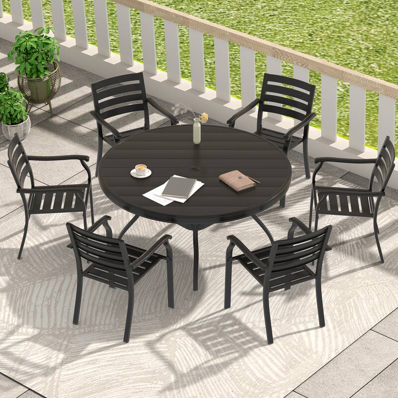 7 Pieces Outdoor Patio Dining Set, 6 Stackable Metal Dining Chairs and 52.95" Round Metal Dining Table - Black