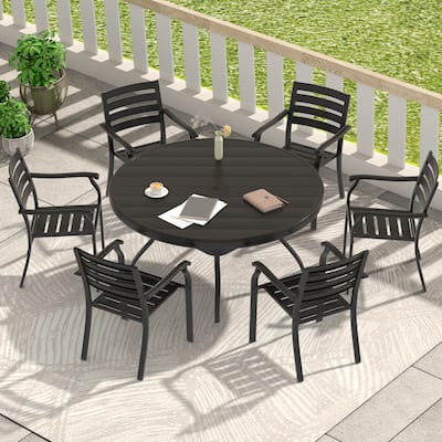 7 Pieces Outdoor Patio Dining Set, 6 Stackable Metal Dining Chairs and 52.95" Round Metal Dining Table