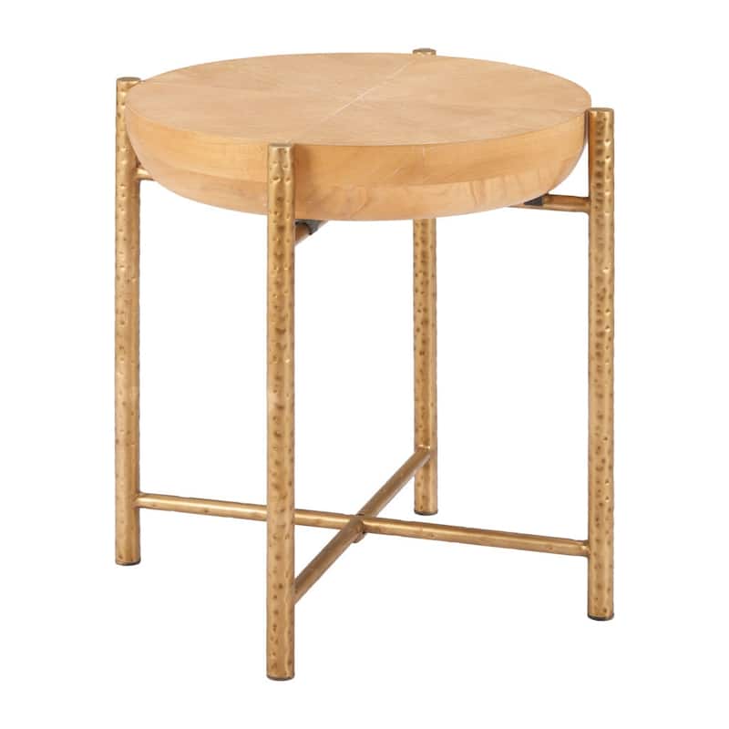 HomeRoots 22" Natural and Gold Wood and Stainless Steel Round End Table - 22.00 in. x 22.20 in. x 22.00 in.