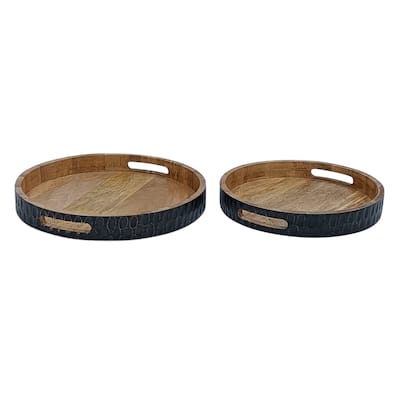 Set of 2 Wooden Carved Round Trays with Black Outside -ST - Black & Natural