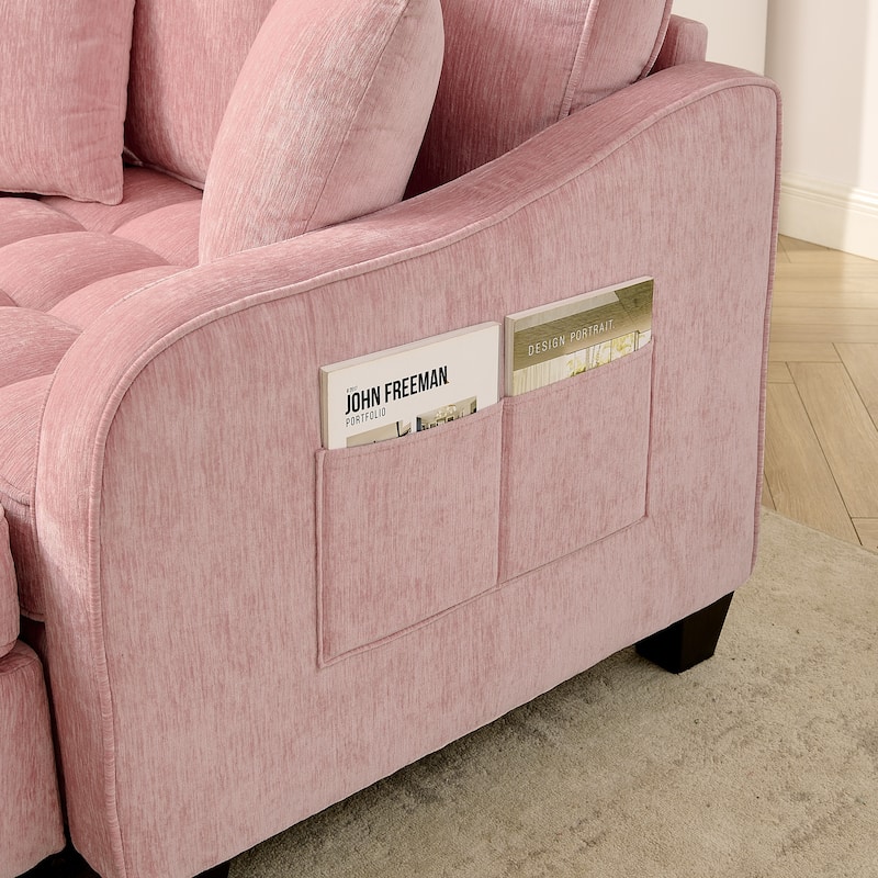 Two-Seater Chaise Longue Sofa with Storage Footrest, Irregular Armrests & Throw Pillows for Living Room & Bedroom