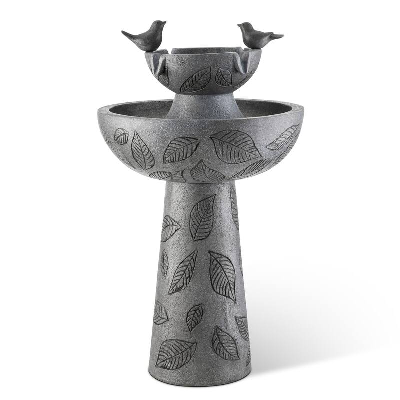 Glitzhome Birdbath Polyresin Outdoor Fountain with Birds, Pump and LED Light