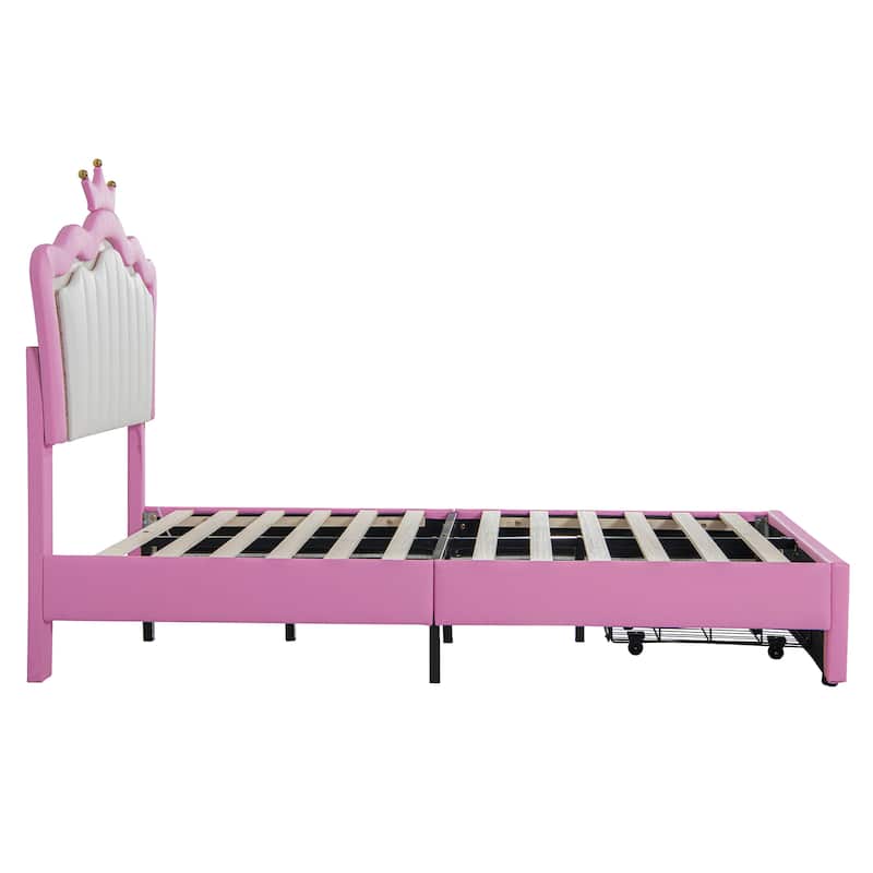 Faux Leather Upholstered Princess Bed Platform Bed Frame with Adjustable Height Crown Headboard, LED Lights and Storage Drawer