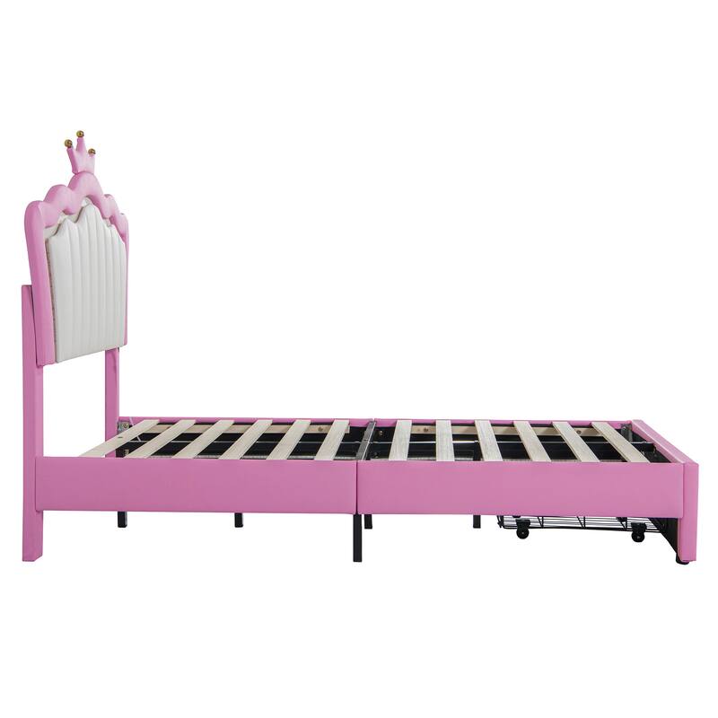 Twin Size Upholstered Bed Frame with LED Lights, Crown Headboard, and Drawer in Pink and White
