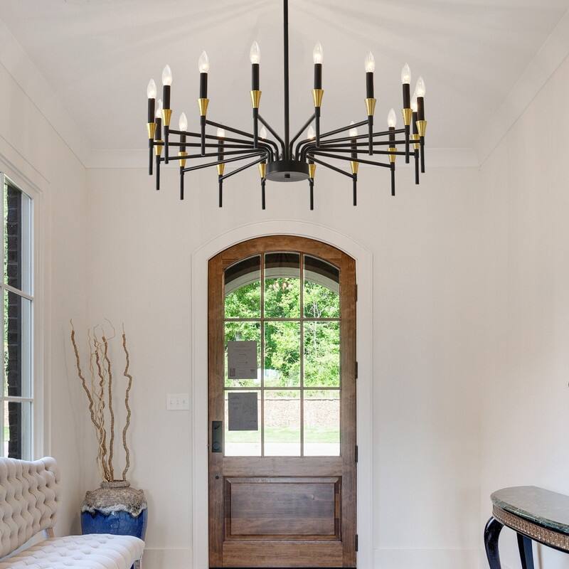 48-Inch Modern Black Farmhouse Chandelier，16-Light Industrial Round Hanging Light Fixture