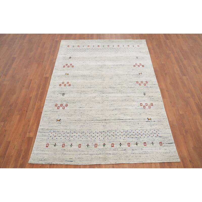 Hand Knotted Oriental 100% Wool Carpet Tribal Animal Pictorial Beige & Ivories Gabbeh Area Rug - 7' 7'' X 5' 3''