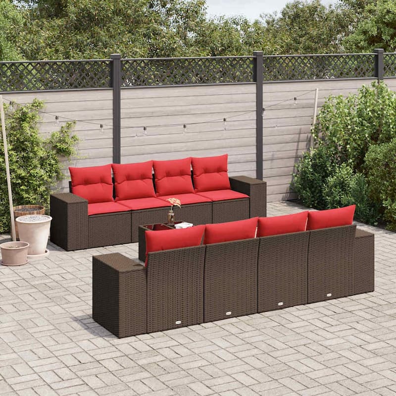 vidaXL 9 Piece Patio Sofa Set with Cushions Black Poly Rattan - 21.7" x 24.4" x 27.2" - Brown and red
