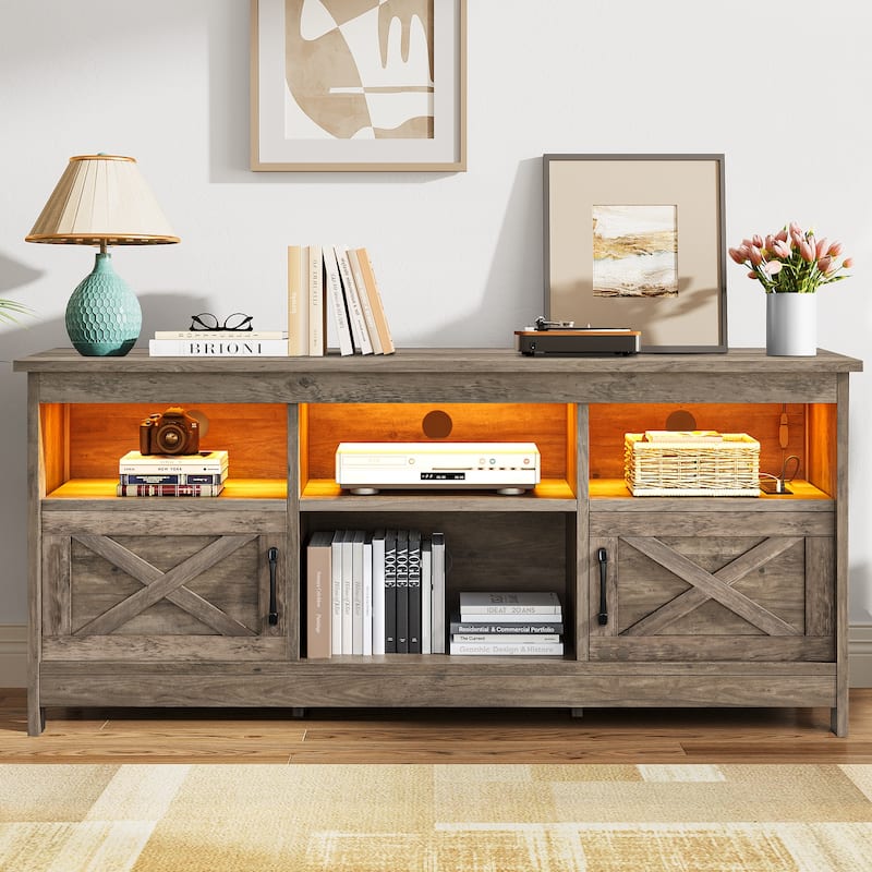 Moasis 70"/59" Farmhouse TV Stand for 80"/65" TV with Outlet and Lights - 59"W Door - Grey Wood