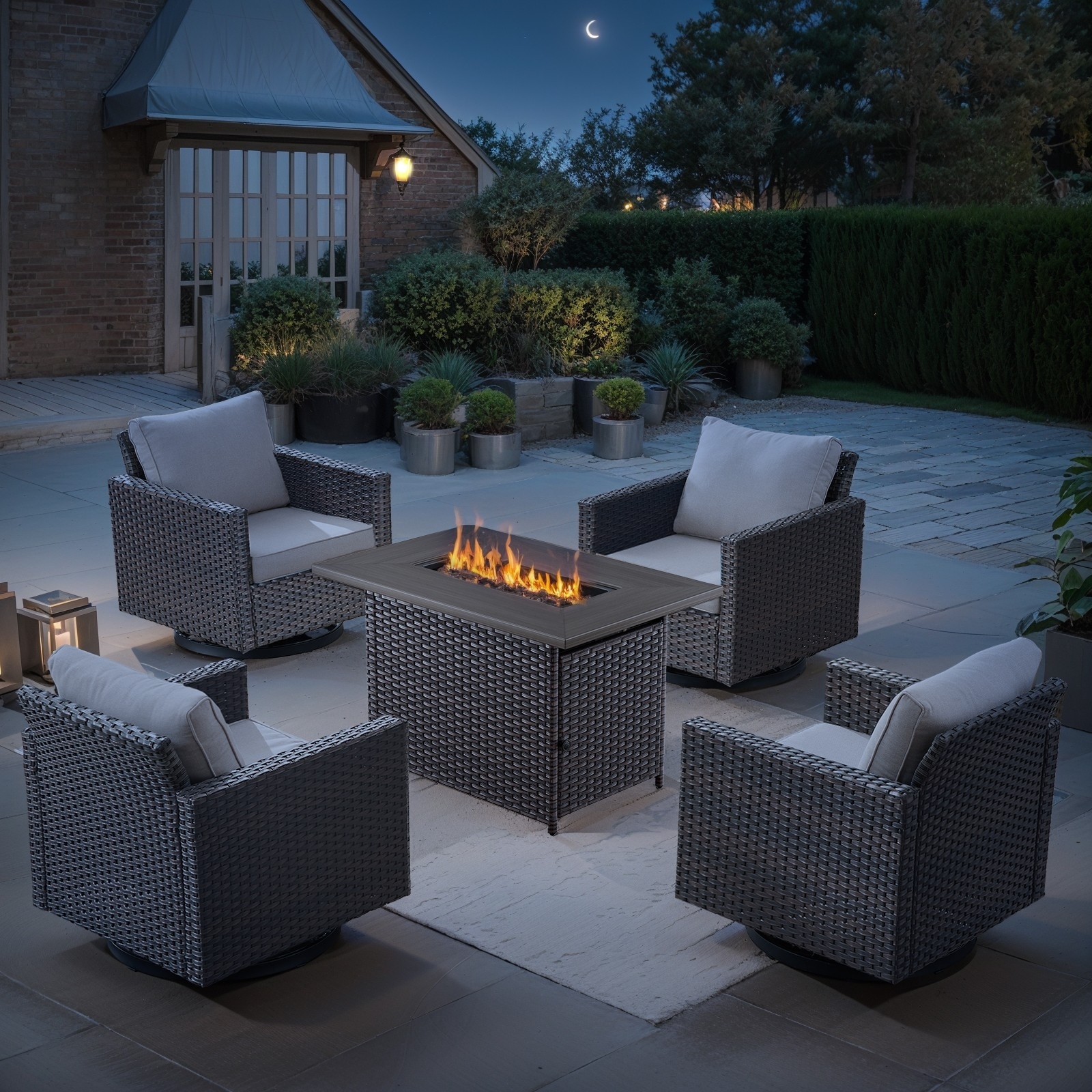 4 Outdoor Swivel Chairs with Propane Fire Pit Table - Beige cushion - Brown
