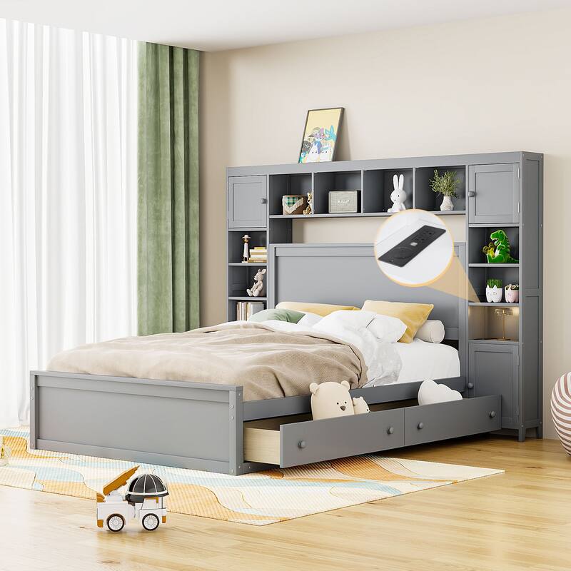 Queen Bed Frame with All-in-One Cabinet, Shelves, and Charging Outlets - Grey - Queen