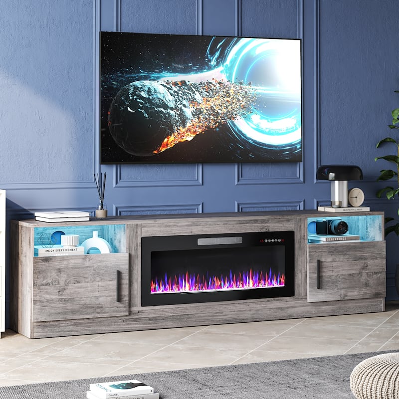 Bossin 80" Fireplace TV Stand with 36" Electric Fireplace, TV Stand for TVs Up to 90", 16 Colors LED Lights/Entertainment Center