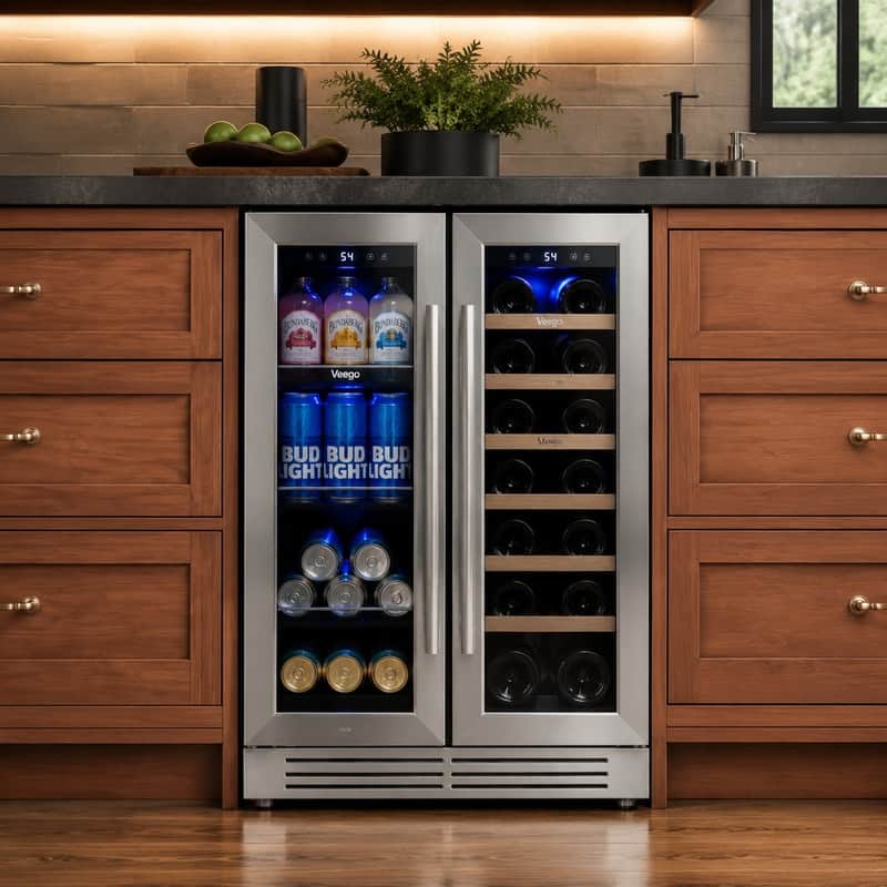 Yeego 24'' 20 Bottles 60 Can Dual Zone French Door Wine and Beverage Cooler Refrigerator