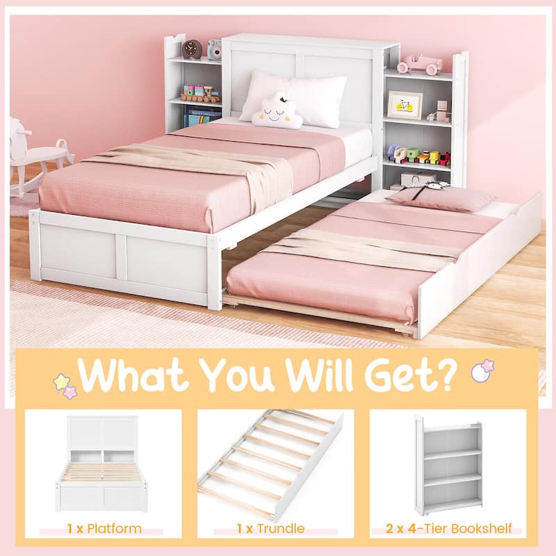 Gymax Full/Twin Wooden Platform Bed with Trundle Storage Headboard