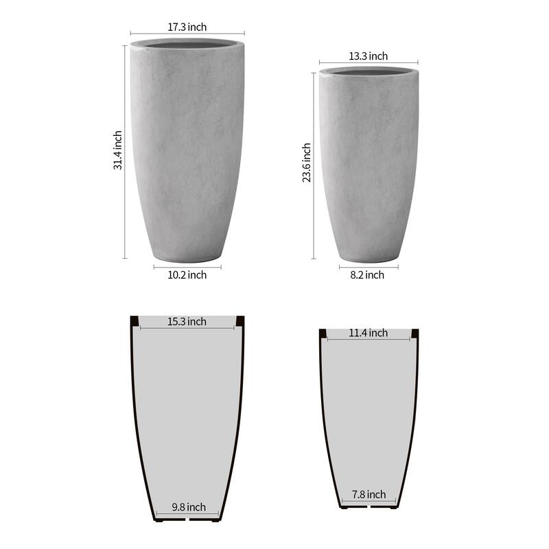 Kante 31.4" and 23.6"H Weathered Finish Concrete Tall Planters (Set of 2), Large Outdoor Indoor