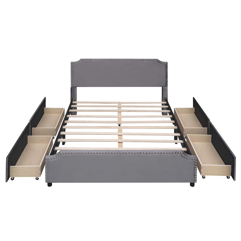 Queen Upholstered Velvet Platform Bed Storage Bedframe with 4 Drawers
