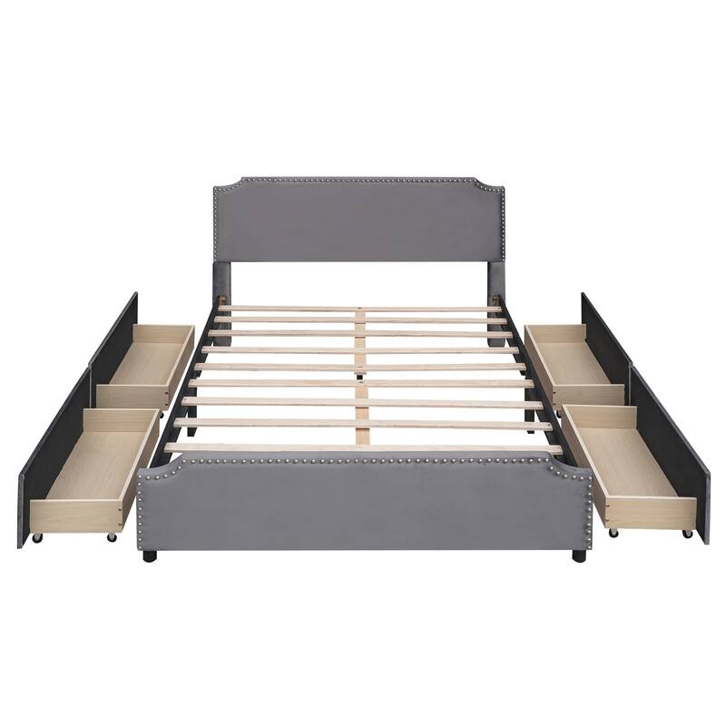 Upholstered Platform Bed with Stud Trim Headboard and Footboard