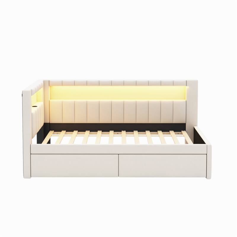 Platform Bed Linen Upholstered Daybed with L-shaped Headboard USB Ports and Light for Night's Sleep, Choose 2 Drawer or Trundle